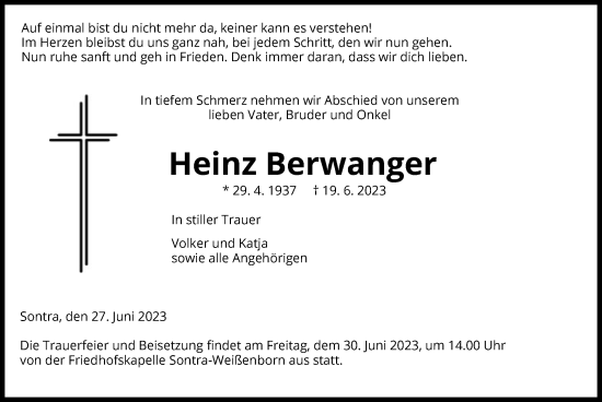 Traueranzeige von Heinz Berwanger von WRS