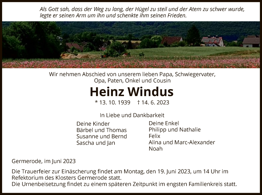  Traueranzeige für Heinz Windus vom 17.06.2023 aus WRS