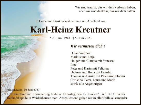 Traueranzeige von Karl-Heinz Kreutner von WRS