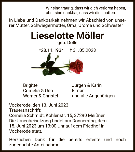 Traueranzeige von Lieselotte Möller von WRS