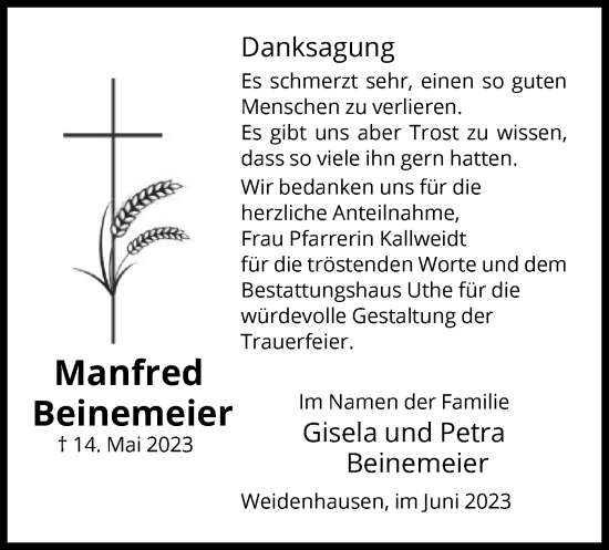 Traueranzeige von Manfred Beinemeier von WRS