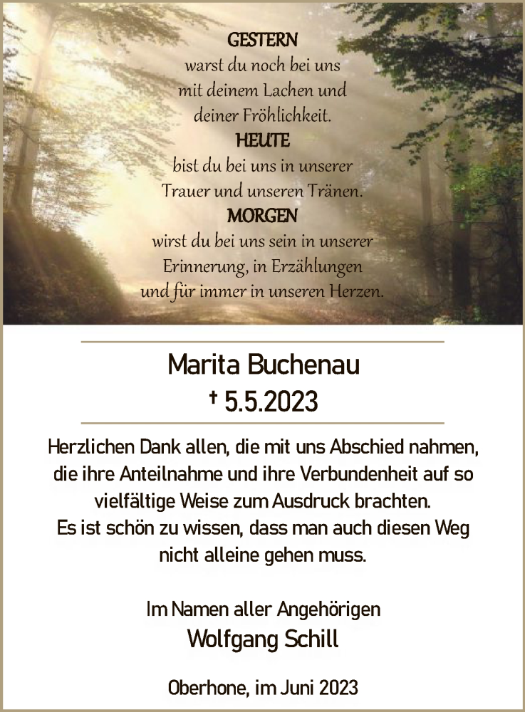  Traueranzeige für Marita Buchenau vom 10.06.2023 aus WRS