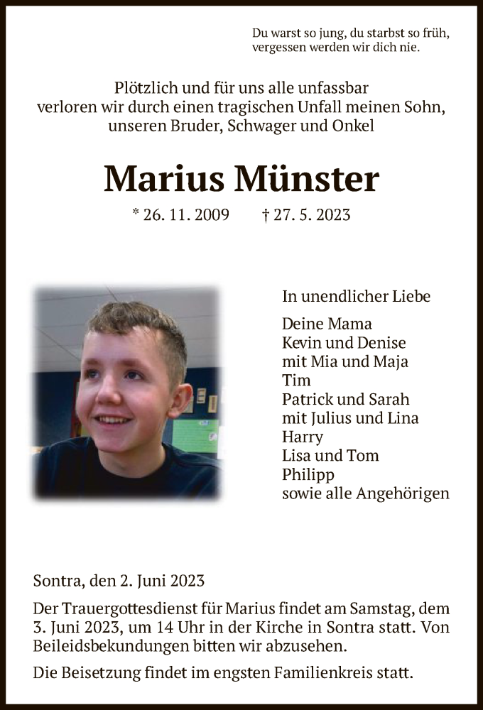  Traueranzeige für Marius Münster vom 02.06.2023 aus WRS