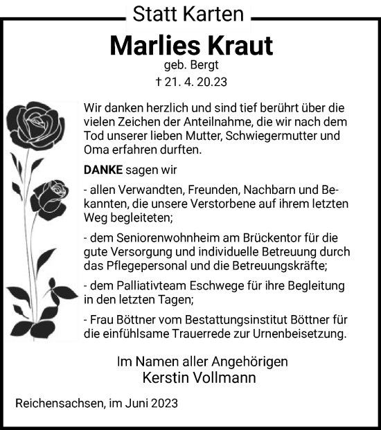 Traueranzeige von Marlies Kraut von WRS