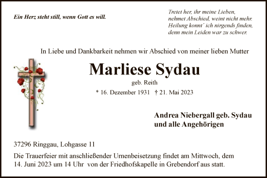 Traueranzeige von Marliese Sydau von WRS