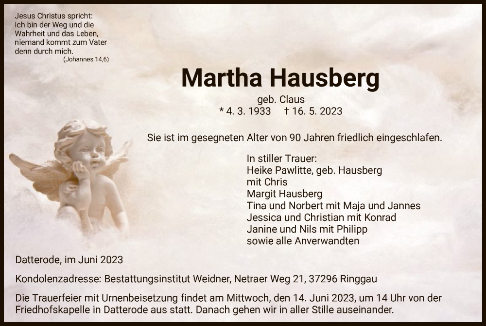  Traueranzeige für Martha Hausberg vom 10.06.2023 aus WRS