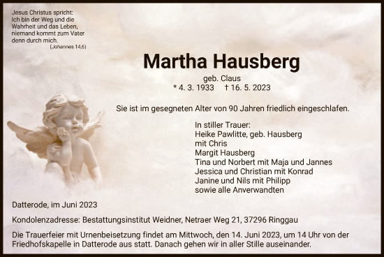 Traueranzeige von Martha Hausberg von WRS