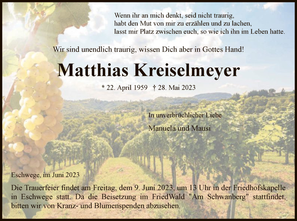  Traueranzeige für Matthias Kreiselmeyer vom 03.06.2023 aus WRS