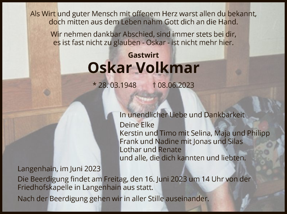  Traueranzeige für Oskar Volkmar vom 14.06.2023 aus WRS