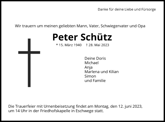 Traueranzeige von Peter Schütz von WRS