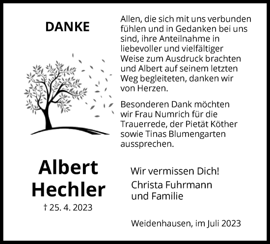 Traueranzeige von Albert Hechler von WRS