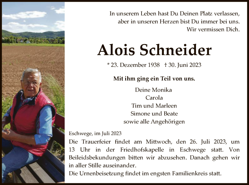  Traueranzeige für Alois Schneider vom 22.07.2023 aus WRS