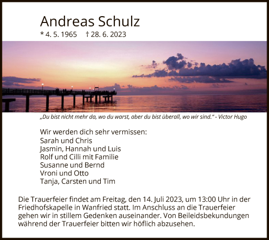 Traueranzeige von Andreas Schulz von WRS