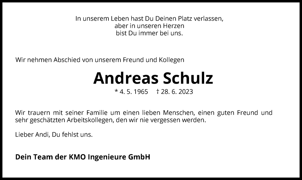  Traueranzeige für Andreas Schulz vom 11.07.2023 aus WRS