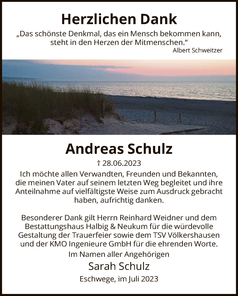  Traueranzeige für Andreas Schulz vom 29.07.2023 aus WRS