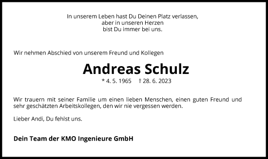 Traueranzeige von Andreas Schulz von WRS