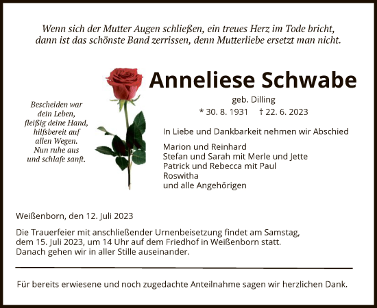 Traueranzeige von Anneliese Schwabe von WRS