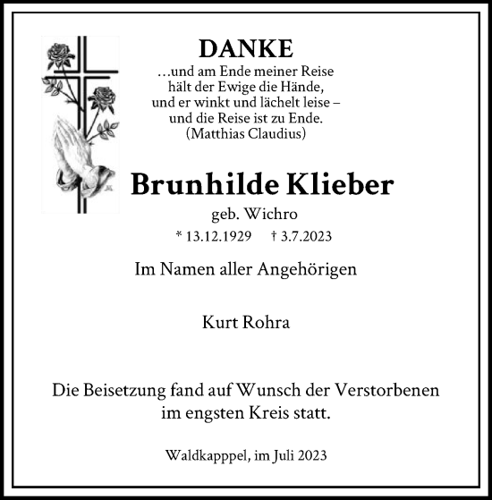 Traueranzeige von Brunhilde Klieber von WRS