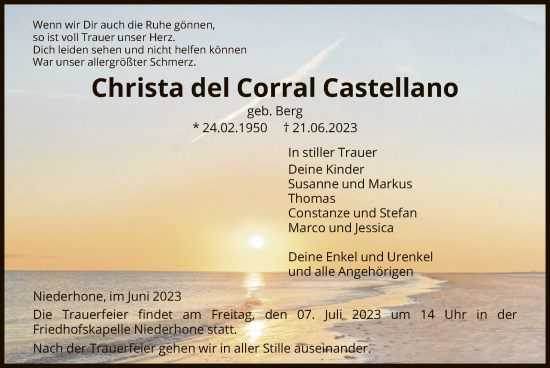 Traueranzeige von Christa del Corral Castellano von WRS