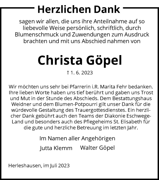 Traueranzeige von Christa Göpel von WRS