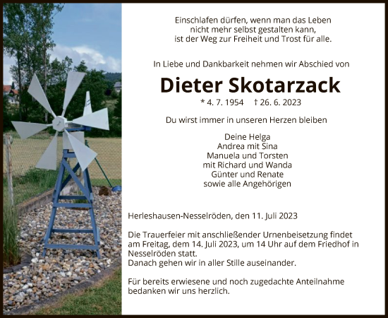 Traueranzeige von Dieter Skotarzack von WRS