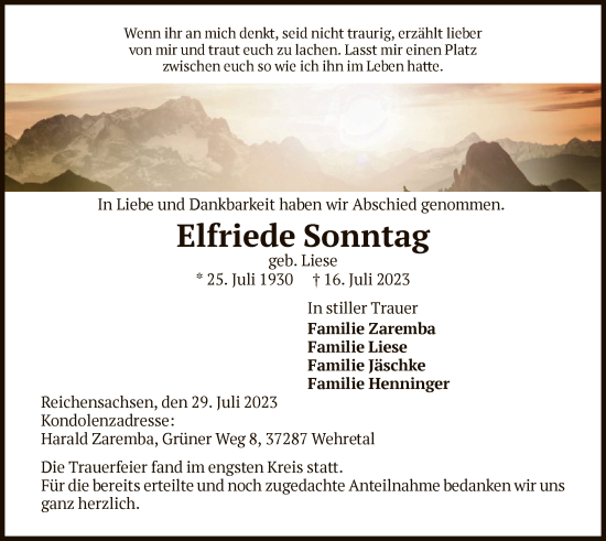 Traueranzeige von Elfriede Sonntag von WRS