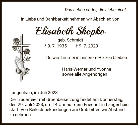 Traueranzeige von Elisabeth Skopko von WRS