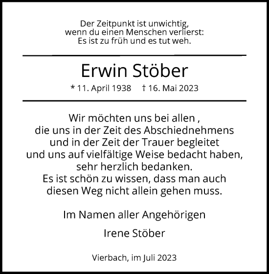 Traueranzeige von Erwin Stöber von WRS