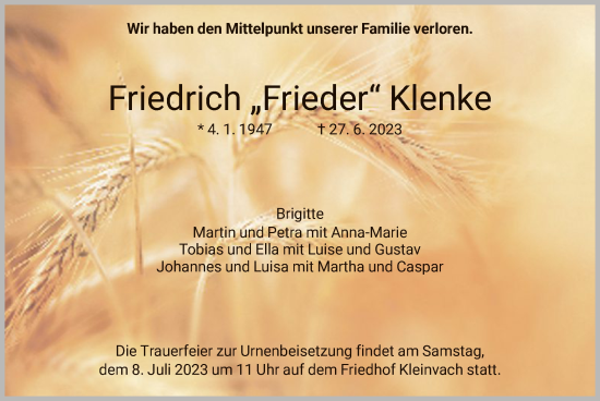 Traueranzeige von Friedrich Klenke von HNA