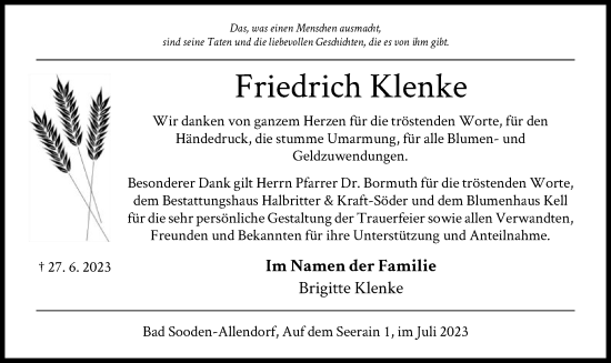 Traueranzeige von Friedrich Klenke von HNA