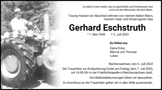 Traueranzeige von Gerhard Eschstruth von WRS