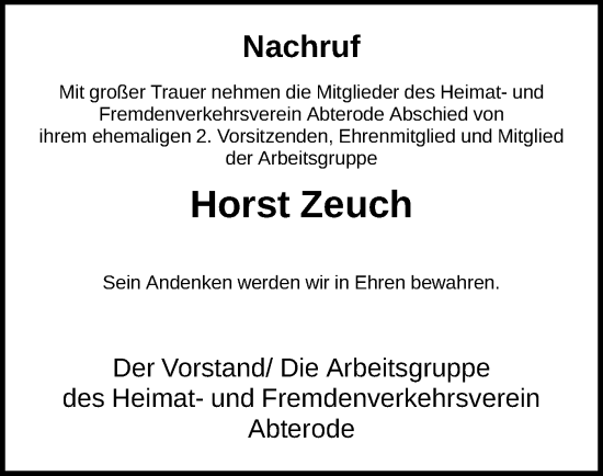 Traueranzeige von Horst Zeuch von WRS