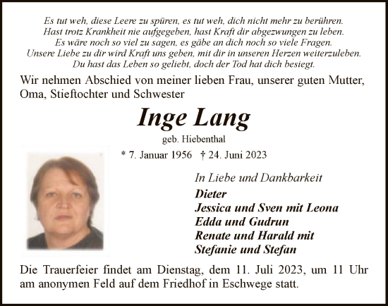 Traueranzeige von Inge Lang von WRS