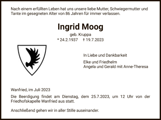 Traueranzeige von Ingrid Moog von WRS