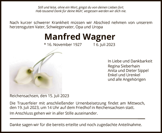 Traueranzeige von Manfred Wagner von WRS