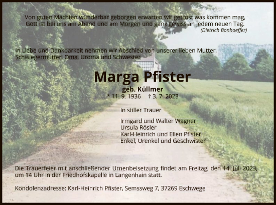 Traueranzeige von Marga Pfister von WRS