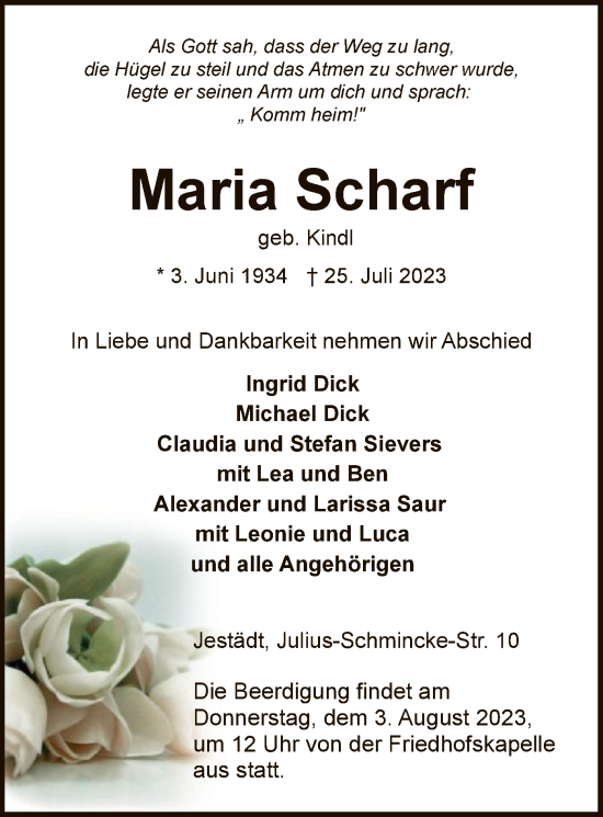 Traueranzeige von Maria Scharf von WRS