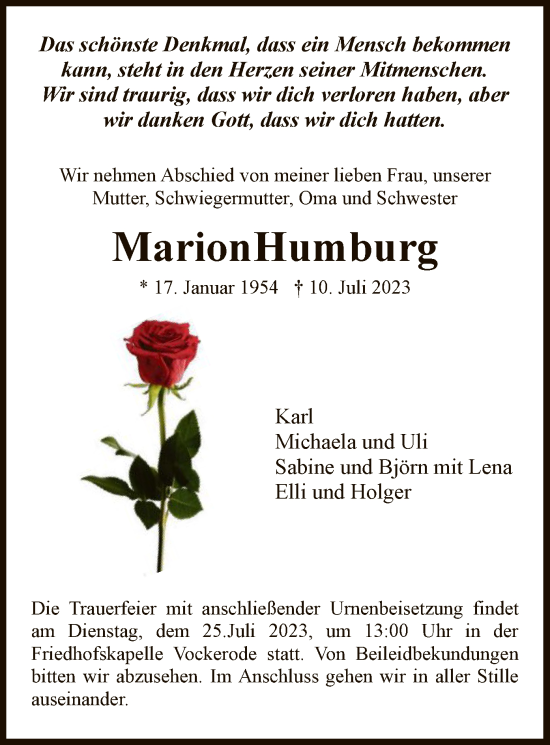 Traueranzeige von Marion Humburg von WRS