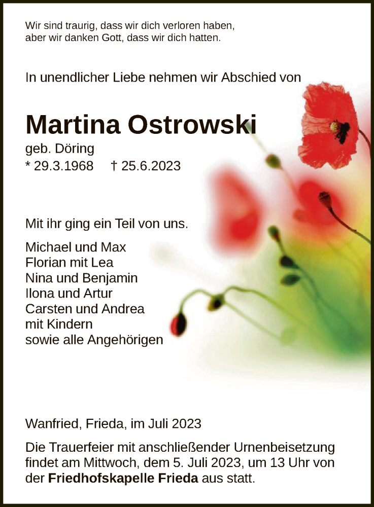  Traueranzeige für Martina Ostrowski vom 01.07.2023 aus WRS