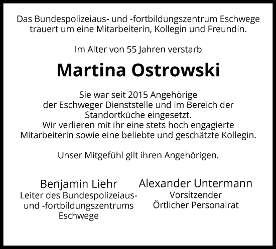 Traueranzeige von Martina Ostrowski von WRS