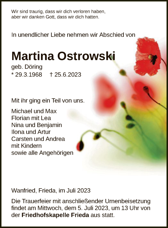 Traueranzeige von Martina Ostrowski von WRS