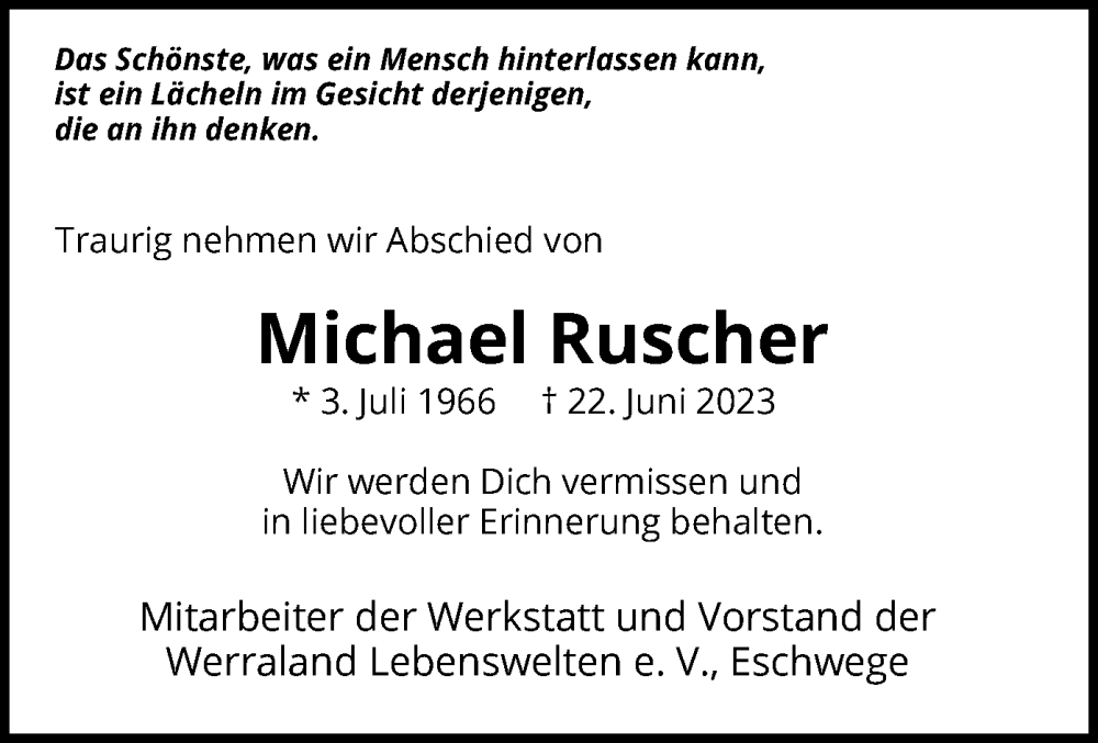  Traueranzeige für Michael Ruscher vom 26.07.2023 aus WRS