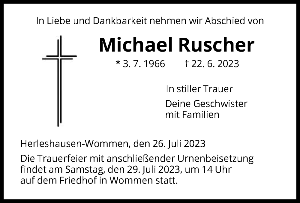  Traueranzeige für Michael Ruscher vom 26.07.2023 aus WRS