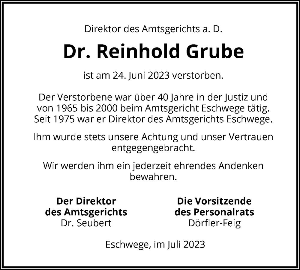  Traueranzeige für Reinhold Grube vom 01.07.2023 aus WRS