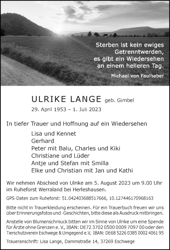 Traueranzeige von Ulrike Lange von WRS