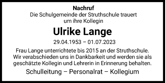 Traueranzeige von Ulrike Lange von WRS