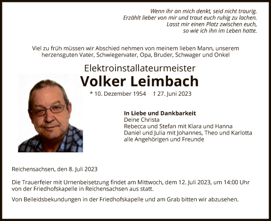 Traueranzeige von Volker Leimbach von WRS