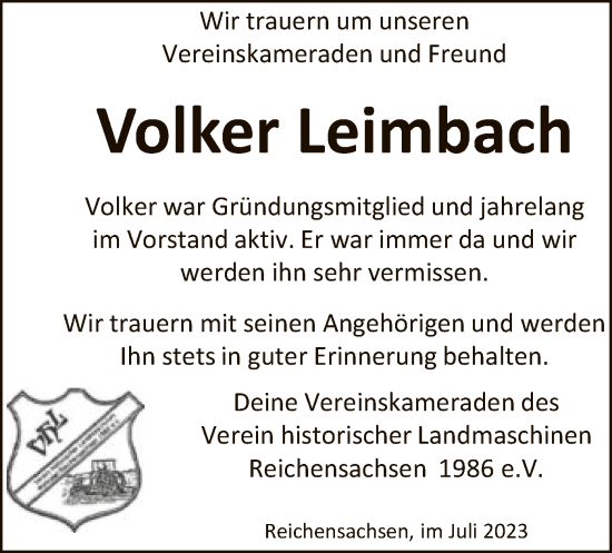 Traueranzeige von Volker Leimbach von WRS