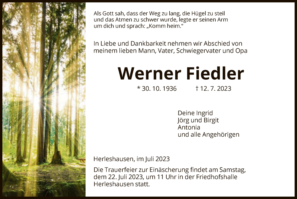  Traueranzeige für Werner Fiedler vom 19.07.2023 aus WRS