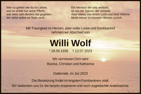 Traueranzeige von Willi Wolf von WRS